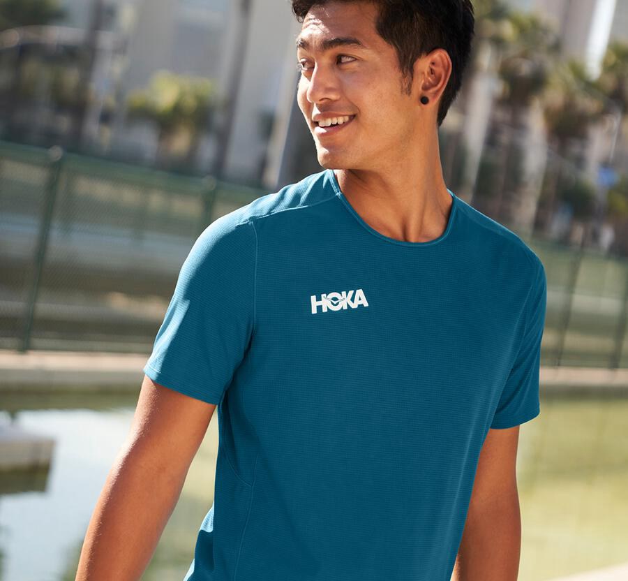 Hoka One One Performance Kort Sleeve Top Herr - Blå - SCZLE-7241